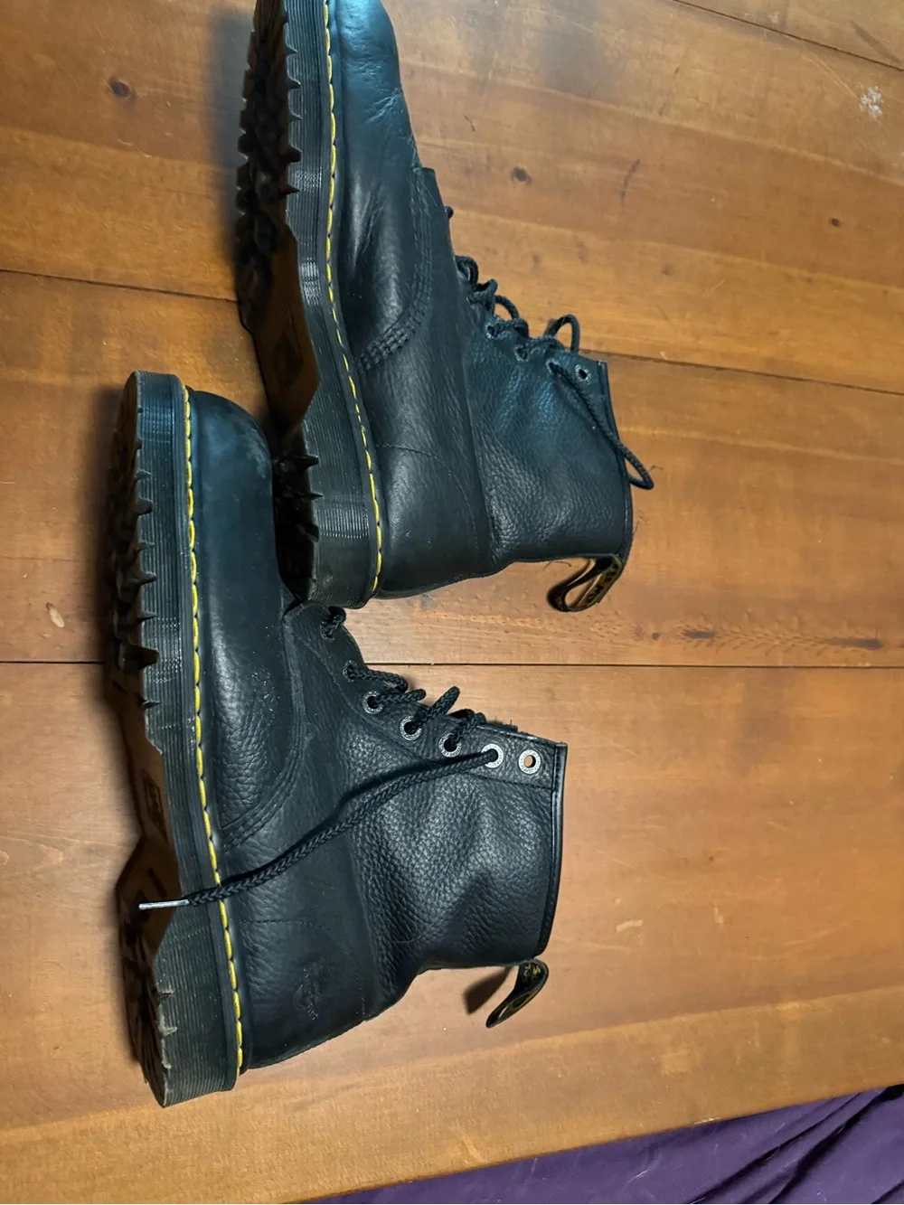 Dr. Martens Black Leather Lace-Up Boots with Yellow Stitching